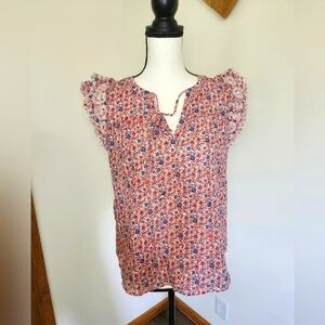 LOFT Floral Ruffle Sleeve Shirt- Red White And Blue